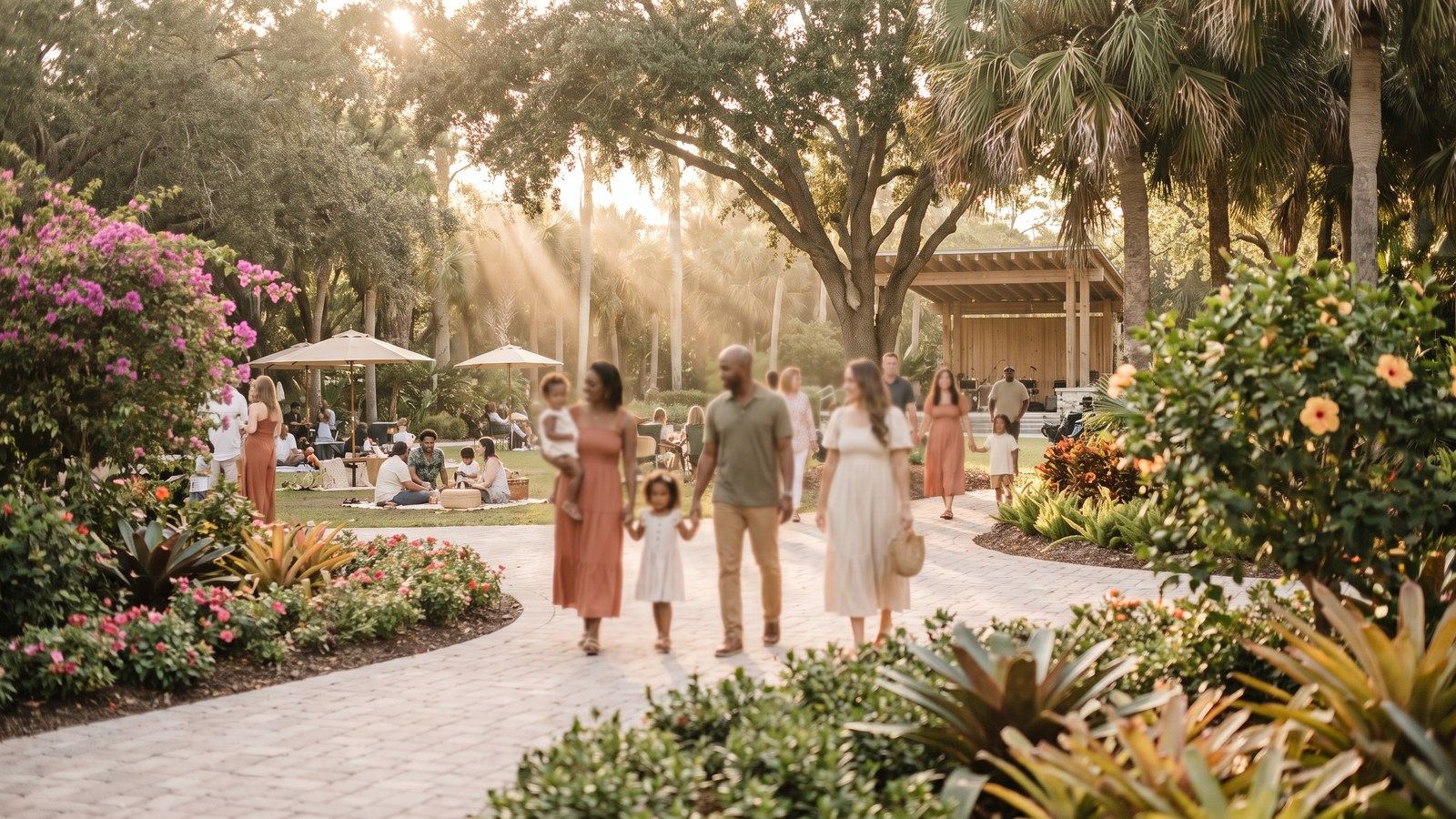 Warm golden-hour scene of families enjoying a landscaped South Florida park — palm trees, walking paths, and lush greenery