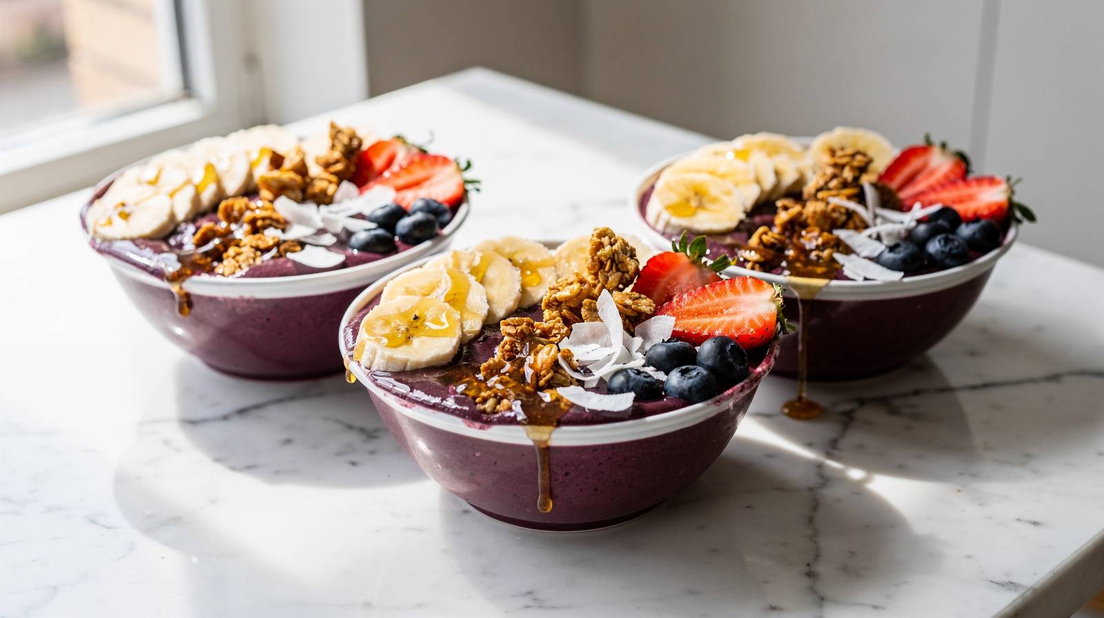 Three açai bowls lined up with banana, strawberry, granola, and coconut toppings