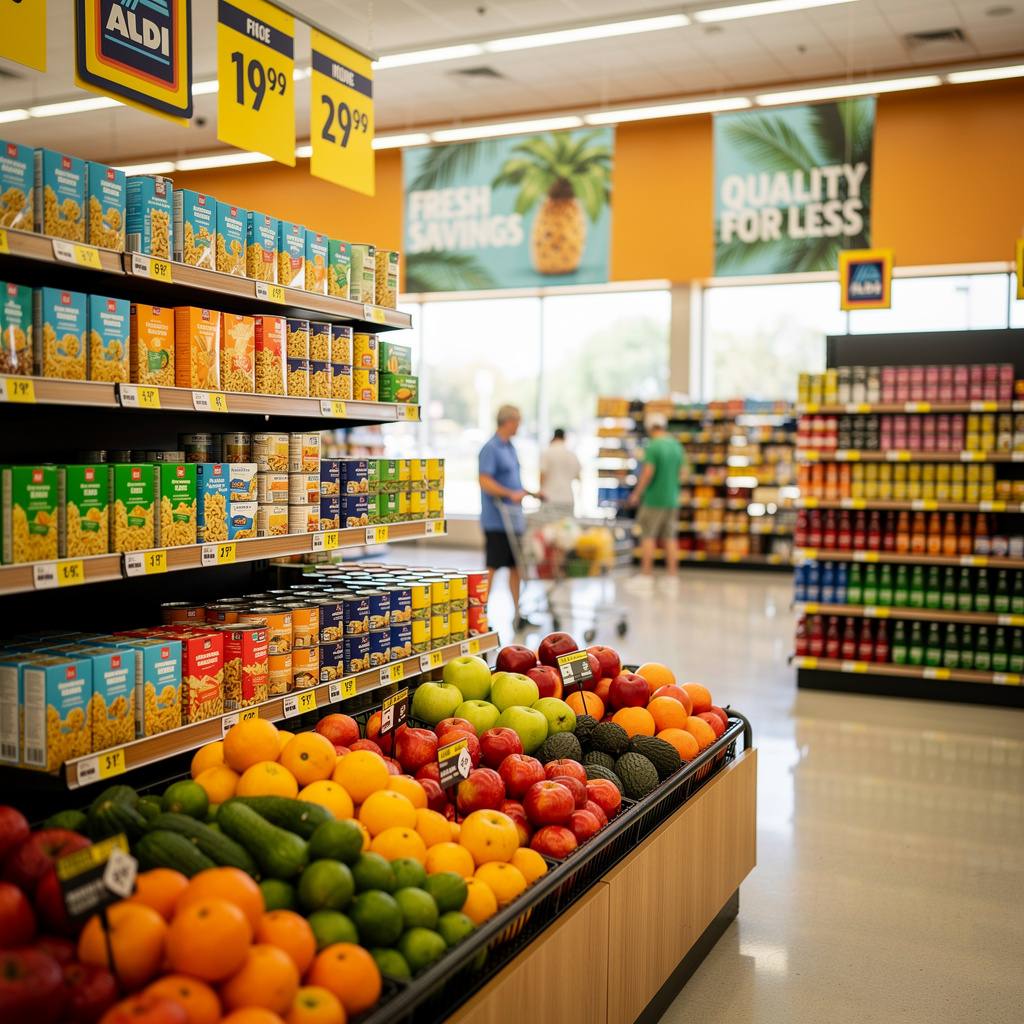 Discount grocery store interior with clean organized aisles and fresh produce display
