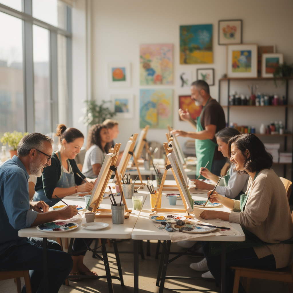 Warm community art class — people at tables with painting easels, brushes, palettes, and canvases in a bright airy studio