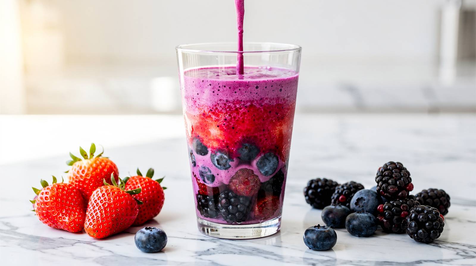 Fresh berry smoothie blend in a tall glass beside berries and fruit slices