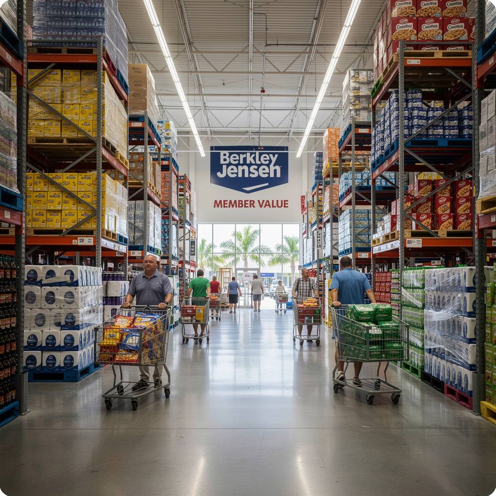 Warehouse club interior with wide aisles of bulk merchandise