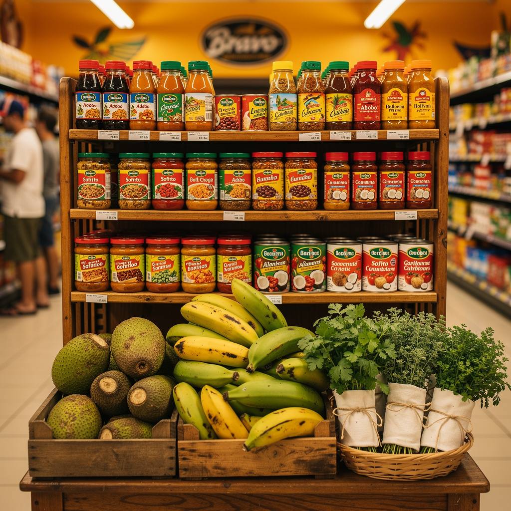 Latin American and Caribbean grocery store display with tropical fruits and packaged ingredients