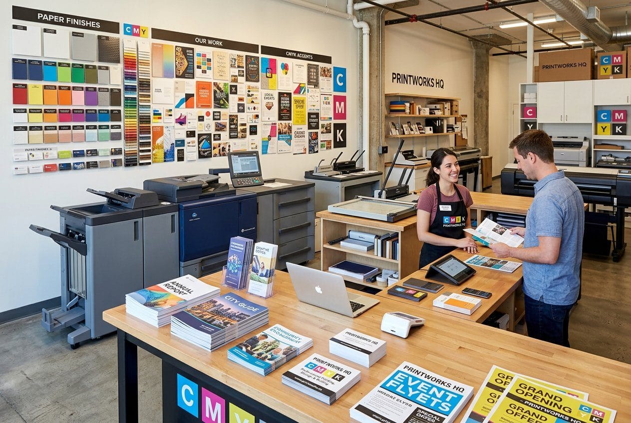 Printopia USA — print shop with colorful banner printing and business card samples in Pembroke Pines