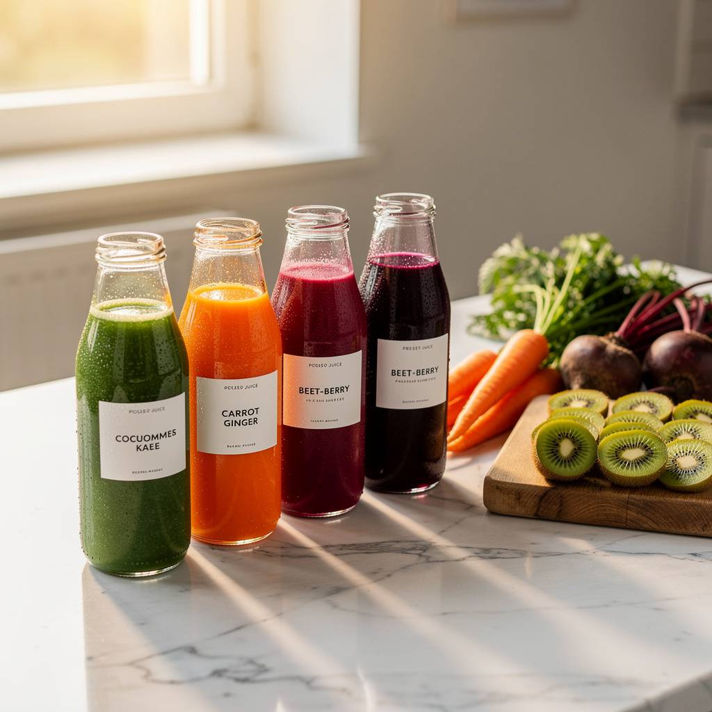 Glass bottles of green orange and purple cold-pressed juices on marble counter with kiwi carrots and beets