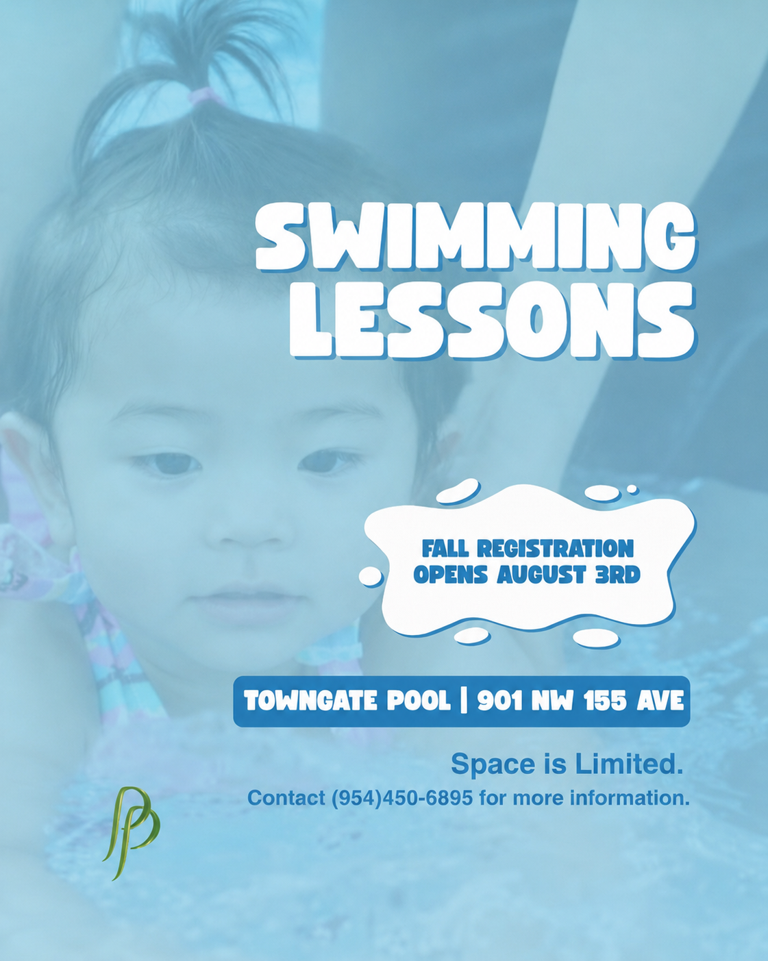 Swimming Lessons fall registration flyer — toddler in pool with blue splash design