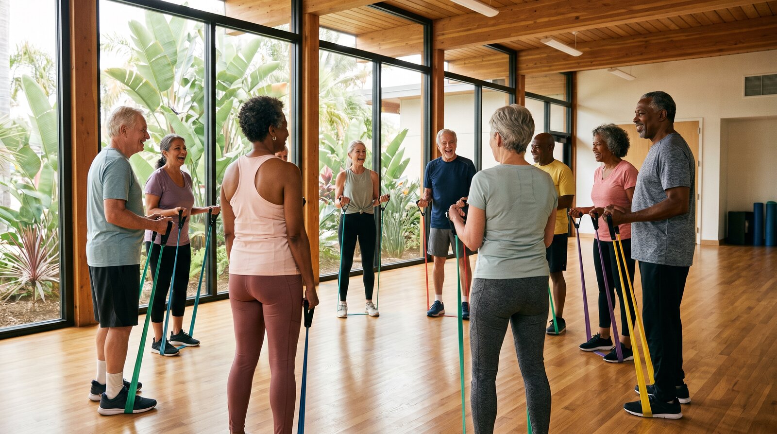 Active older adults participating in a group fitness class with resistance bands in a bright community recreation center
