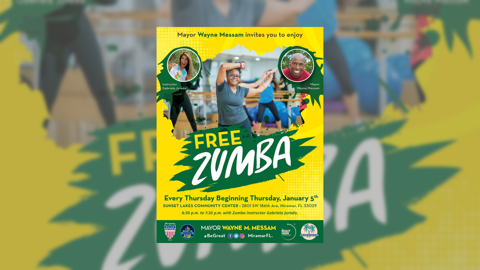 Sunset Lakes Zumba flyer — Zumba Fitness at Sunset Lakes Community Center, Thursday 6:30 PM, free, sponsored by Mayor Messam & Memorial Healthcare System