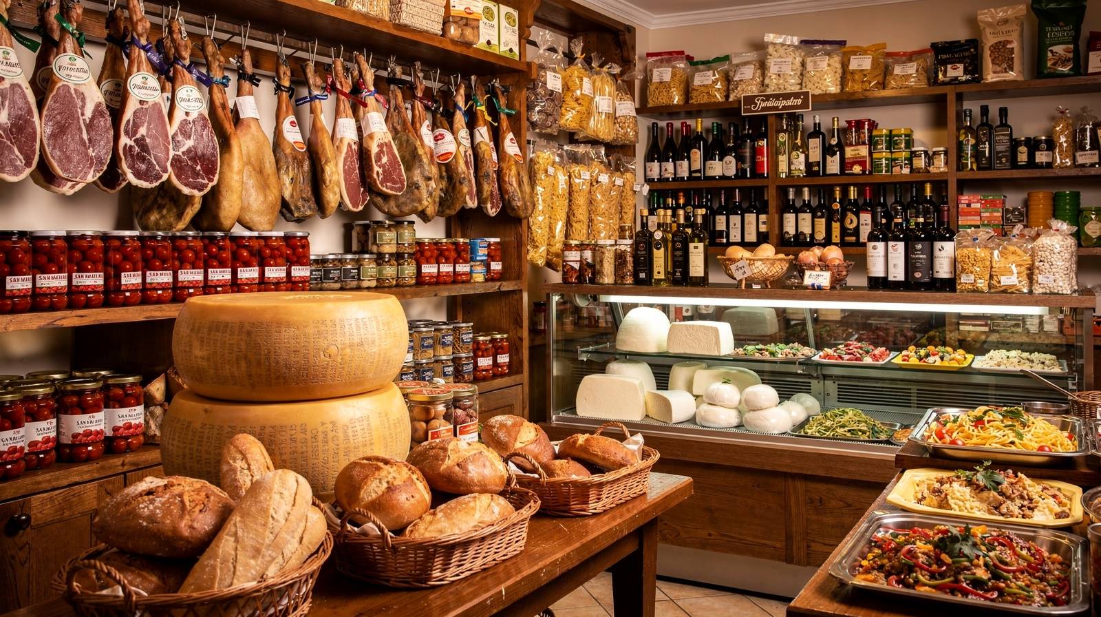 Italian specialty market interior with cured meats, cheeses, and fresh bread