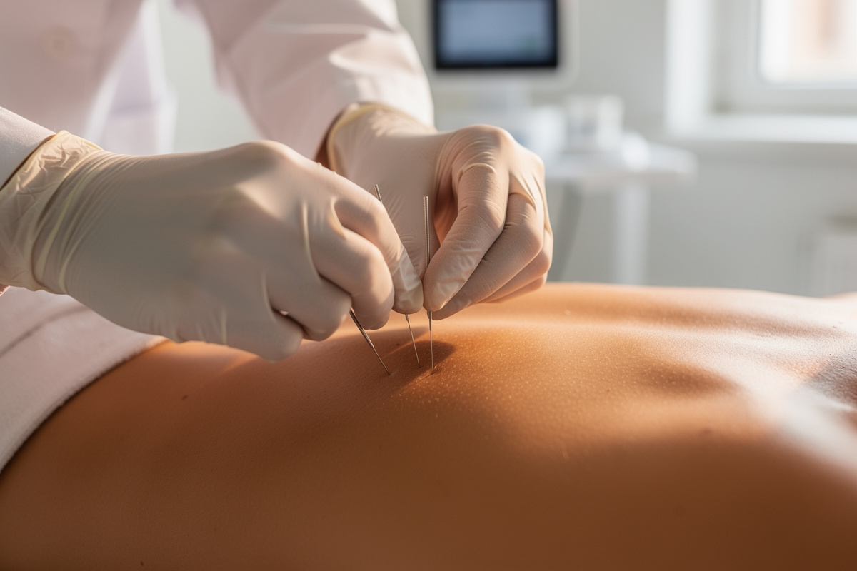 Professional acupuncture treatment showing practitioner hands placing fine needles