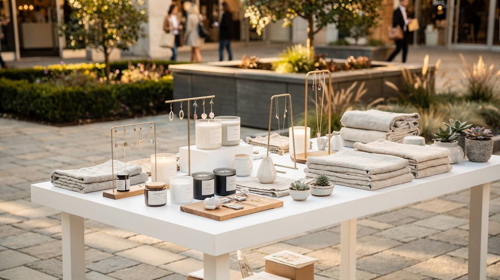 The Shops at Pembroke Gardens pop-up artisan market — outdoor shopping center with vendor tents, handmade crafts, and local makers