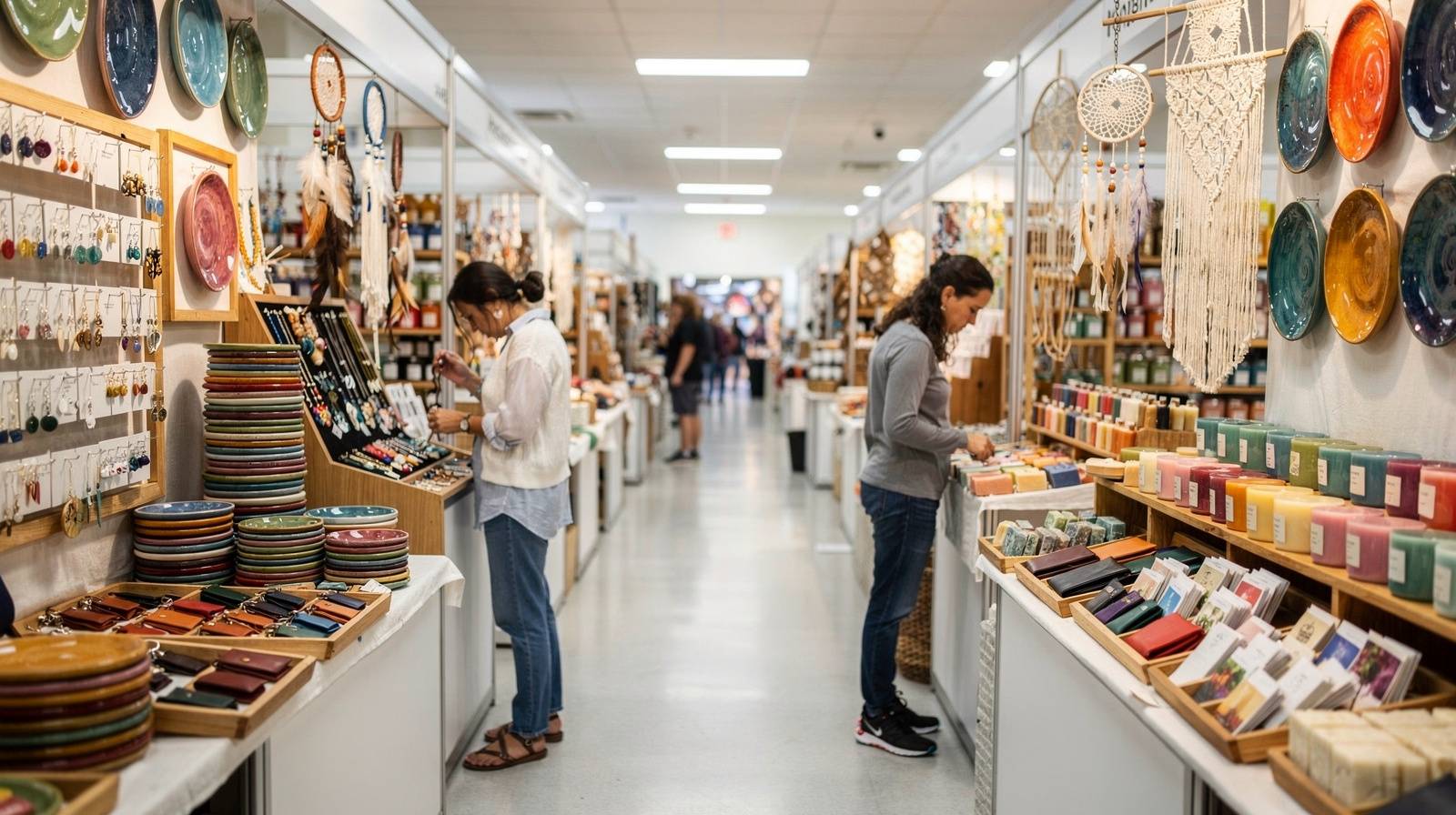 Yellow Green Farmers Market artisan section — indoor market with handmade crafts, jewelry, art, candles, soaps, and artisan goods