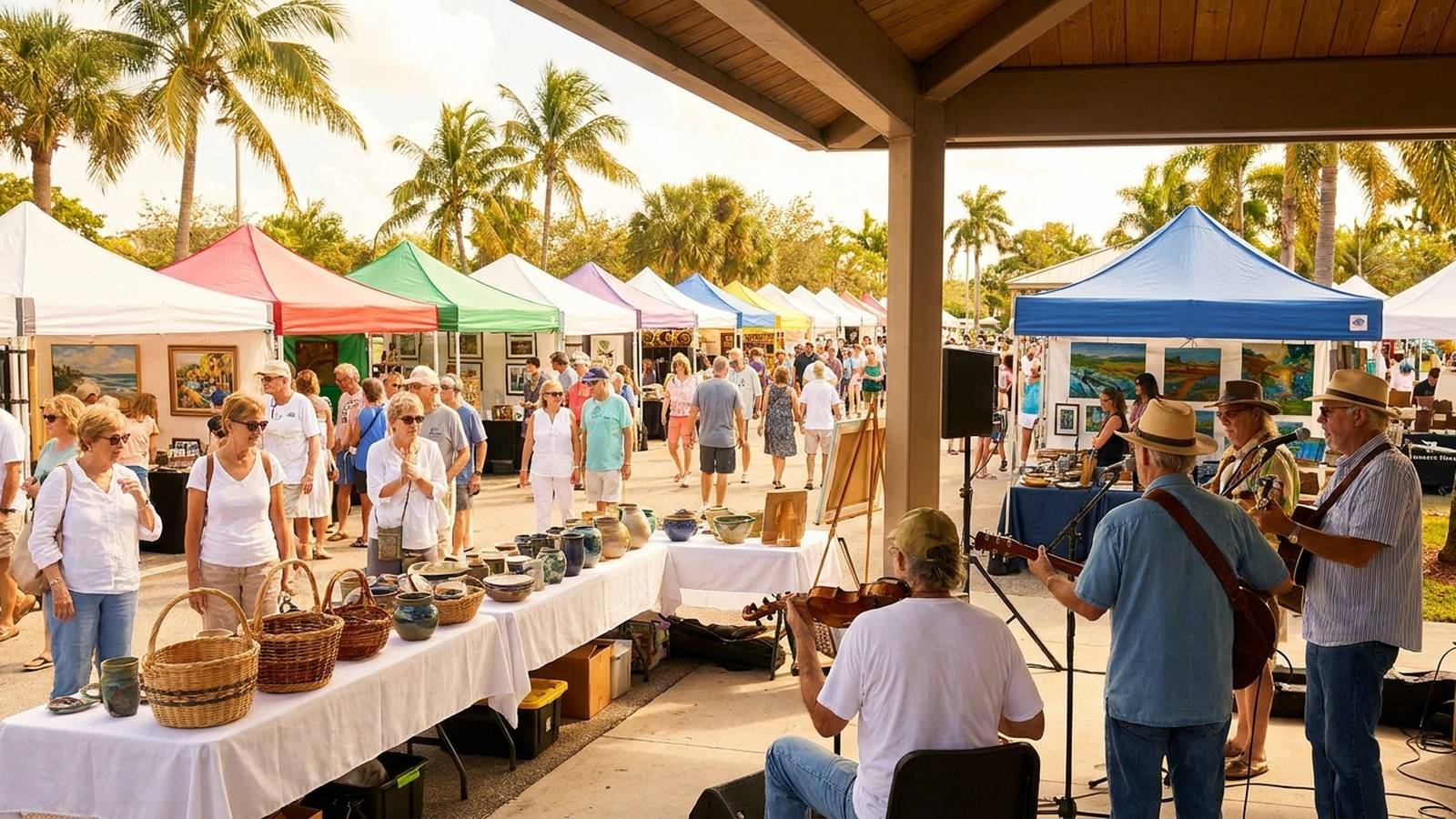 Vibrant outdoor arts festival in South Florida with colorful tents and community gathering
