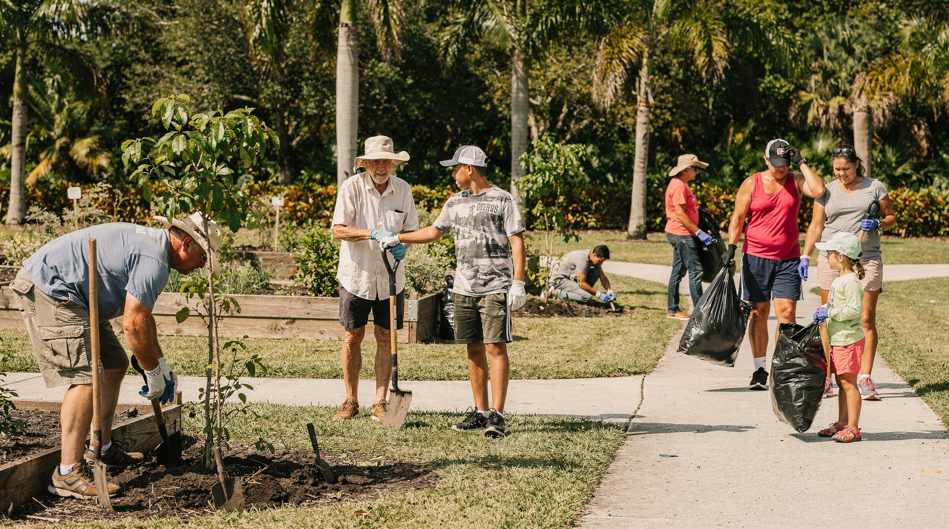 Diverse community volunteers doing a park clean-up in a sunny South Florida neighborhood park, planting trees and working together