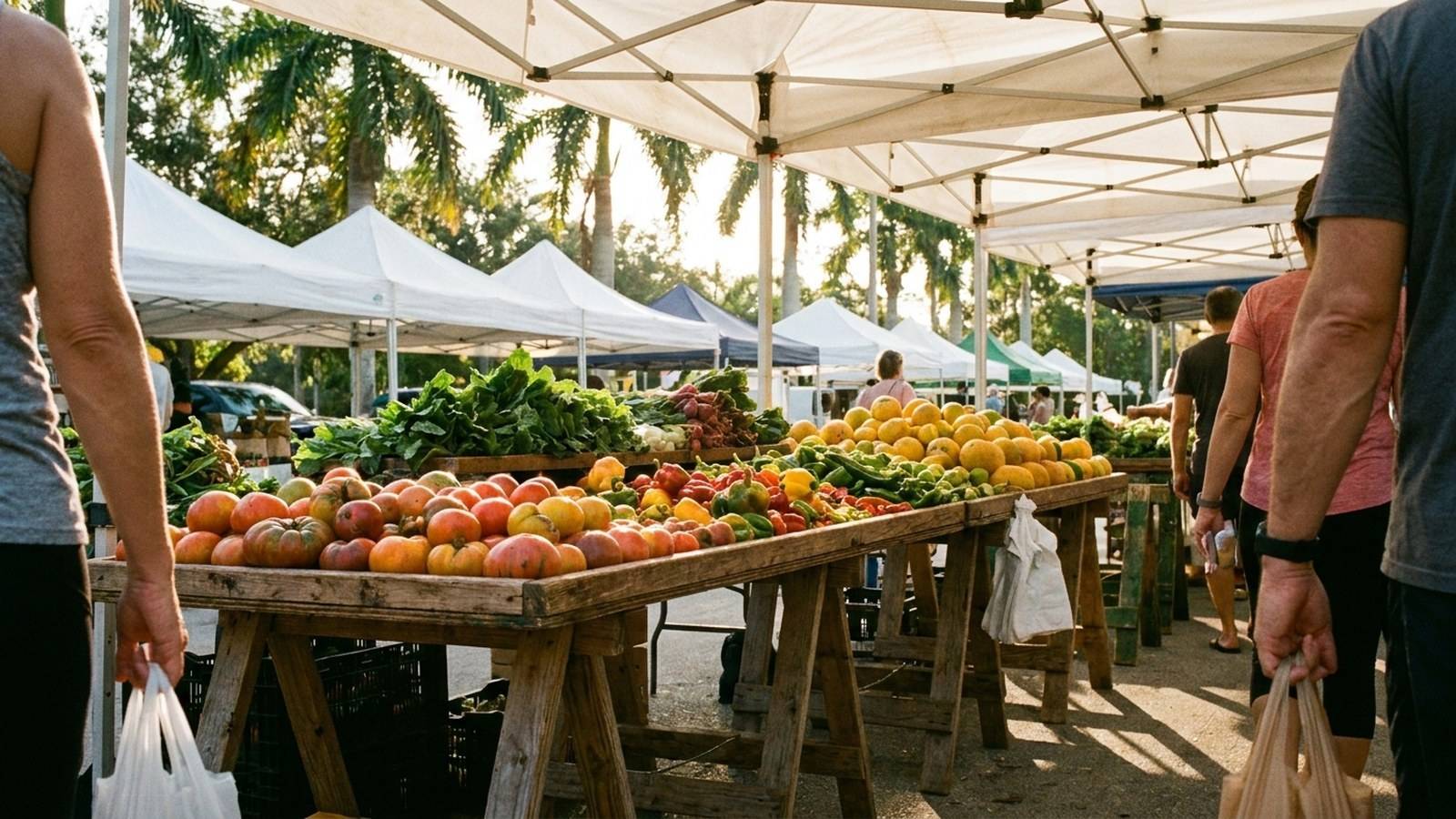 Fresh produce and vendor stalls at a South Florida farmers market