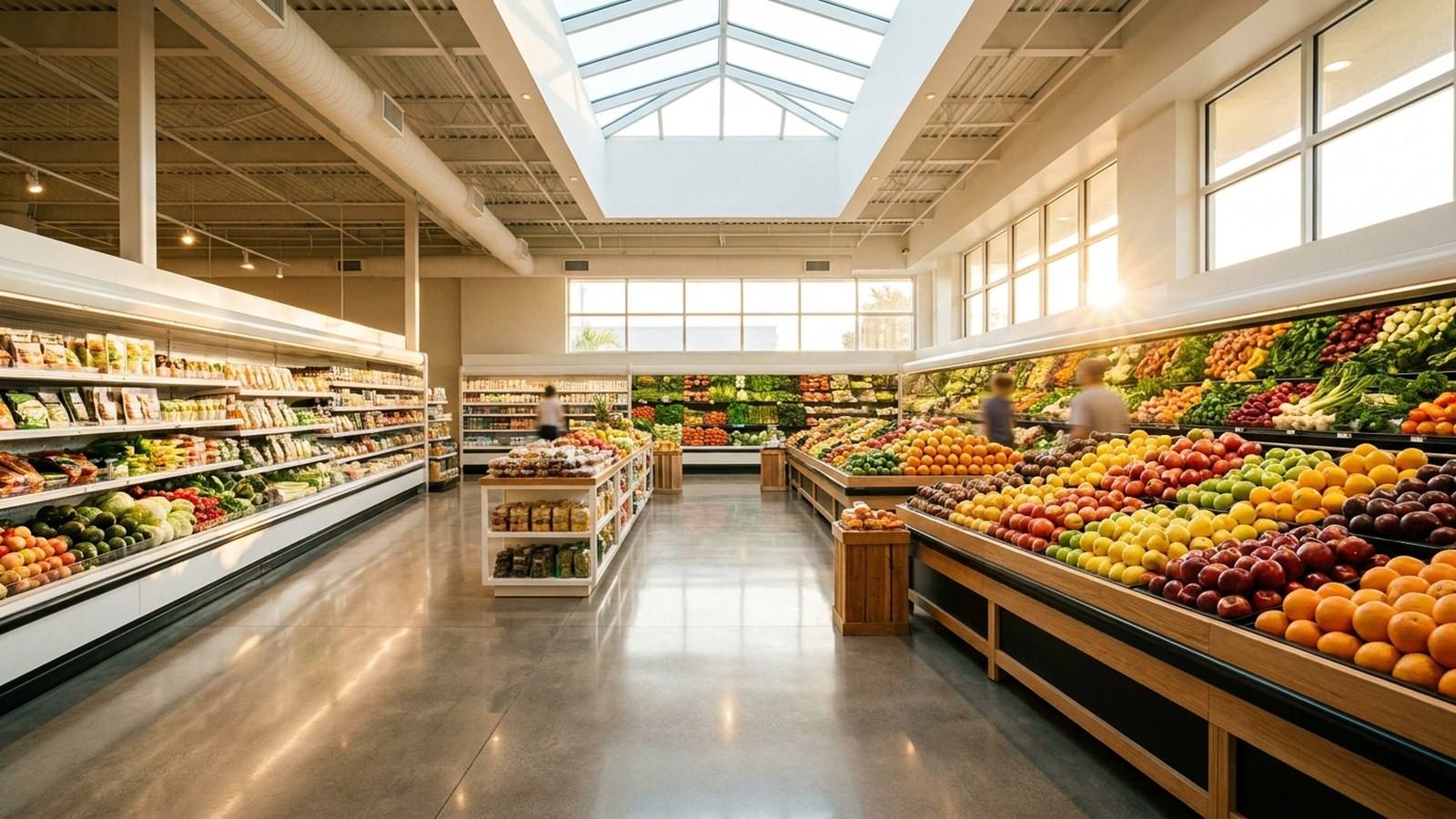 Fresh produce and healthy groceries on store shelves
