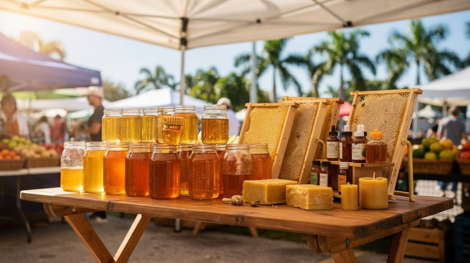 Local honey vendors at Pembroke Pines farmers markets — jars of raw honey, honeycomb, and bee products from South Florida beekeepers