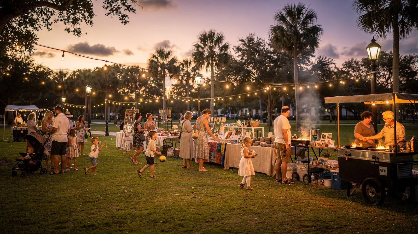 Twilight Marketplace at William B. Armstrong Dream Park — third Thursday evening community market with local vendors, artisan goods, food, and families enjoying the event under string lights