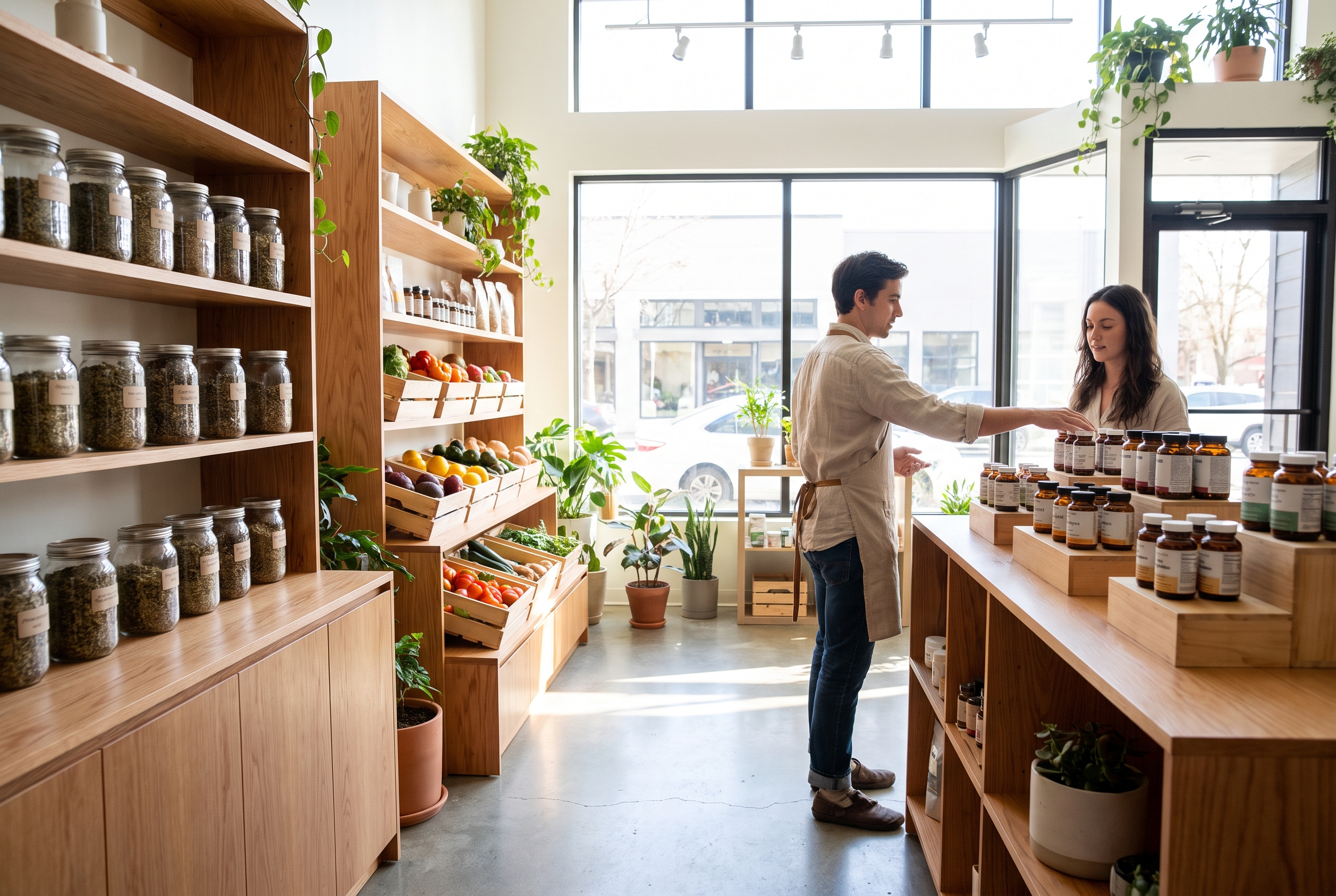 Natural foods, vitamins, and supplements display