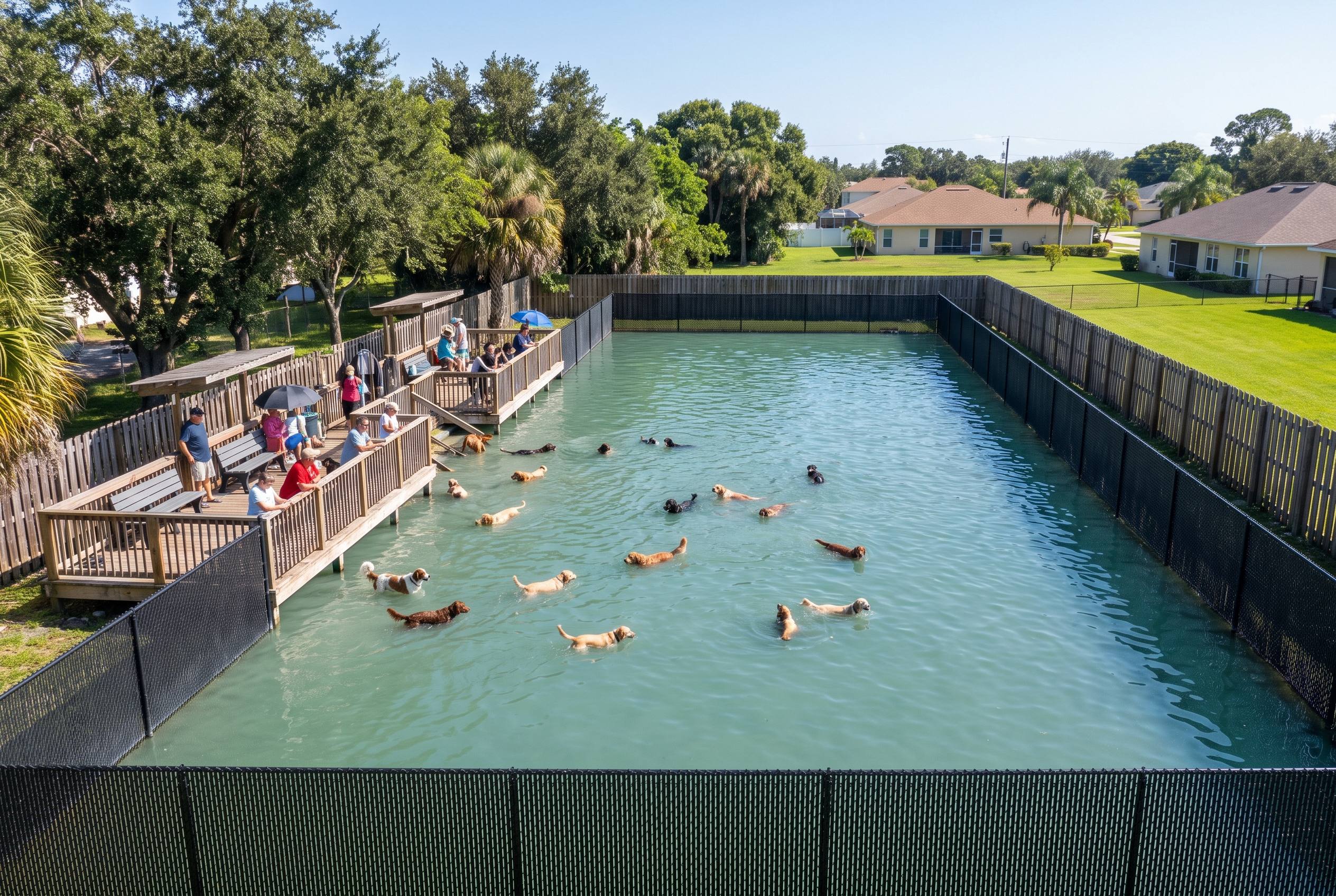 Performance Pups Freshwater Dog Beach — dogs swimming in a fenced freshwater lake in Dania Beach