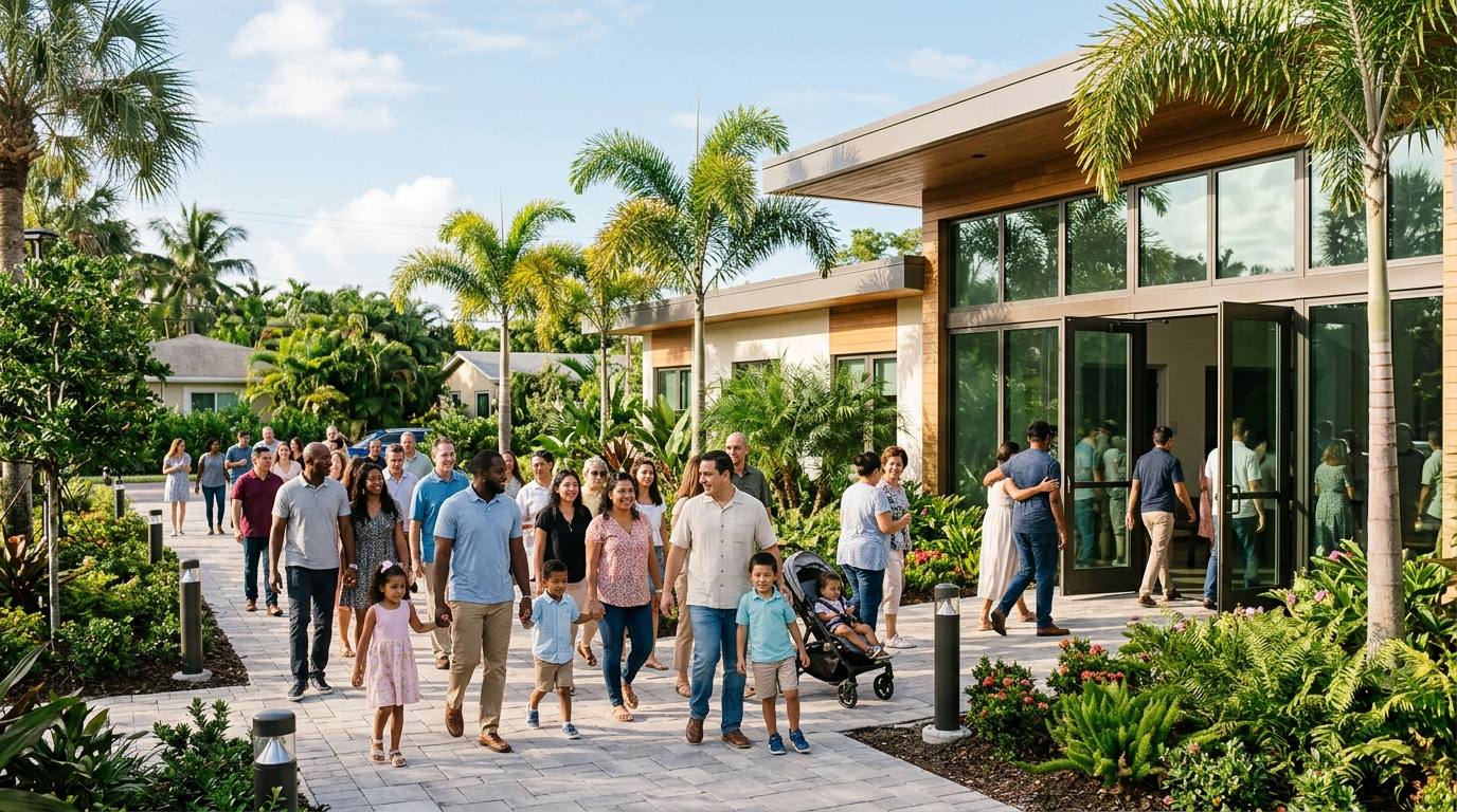 Faith community members gathering for fellowship, worship, and charitable service in South Florida