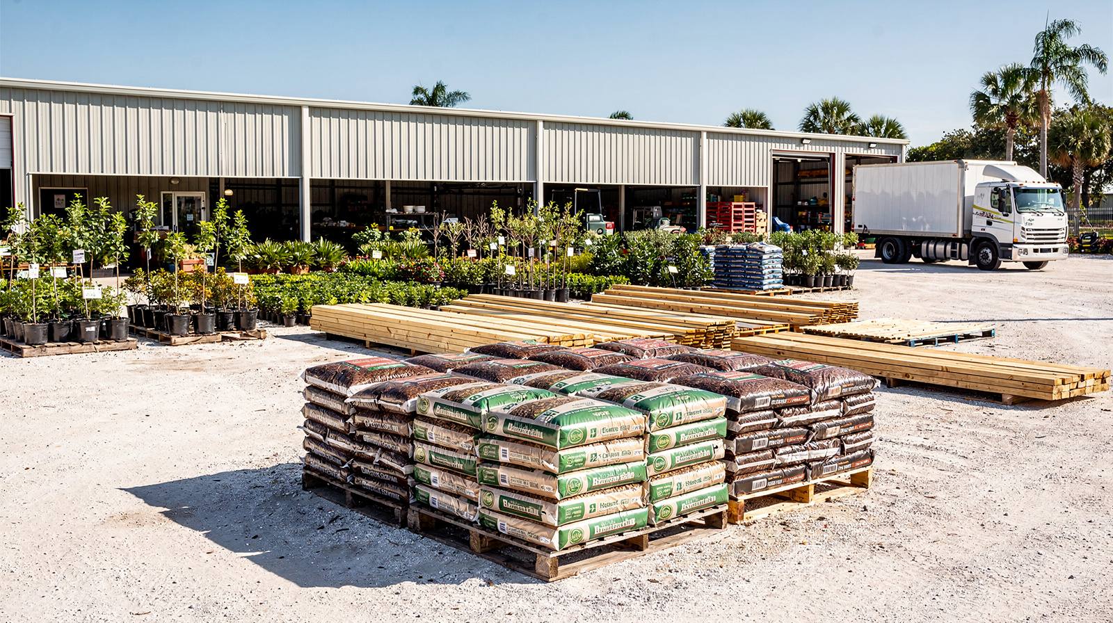 Landscape supply business exterior with rows of palm trees and potted shrubs