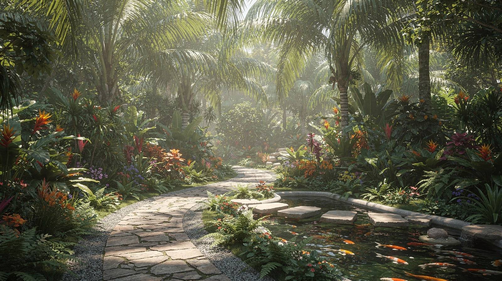Tropical botanical garden walkway with exotic plants, koi ponds and landscaped pathways
