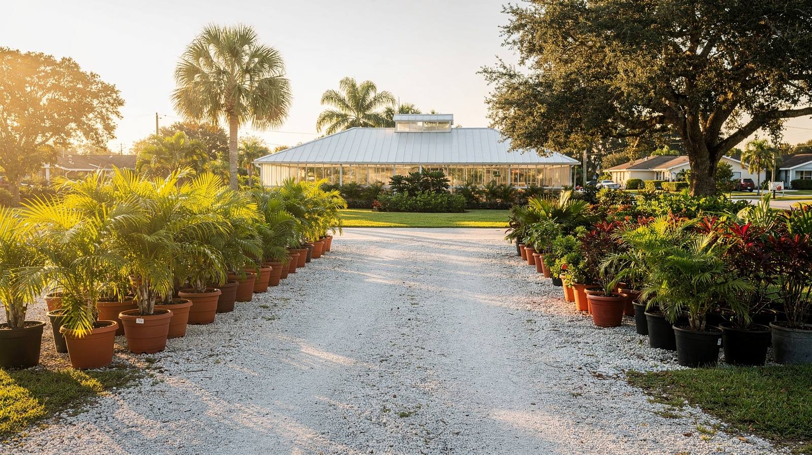 Representative family-owned garden center exterior with outdoor plant displays and greenhouse
