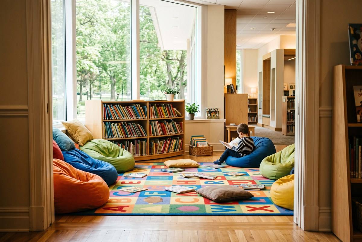 Library children's reading area with colorful low bookshelves and cozy bean bag chairs