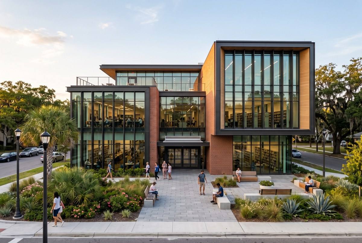 Walter C. Young Resource Center — contemporary library building exterior with landscaped entrance and native Florida plants