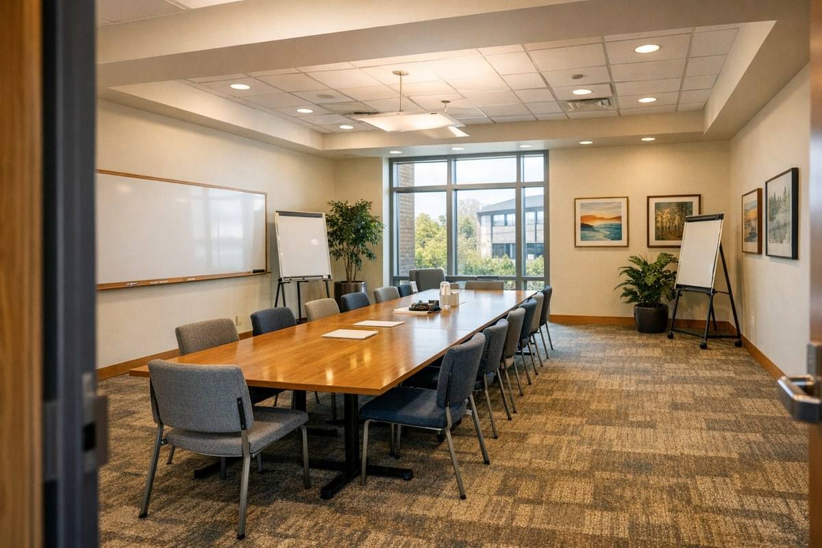 Library community meeting room with long table and chairs for events and workshops