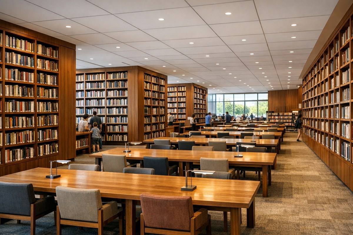 South Regional Broward College Library — modern public library interior with spacious reading hall and floor-to-ceiling bookshelves
