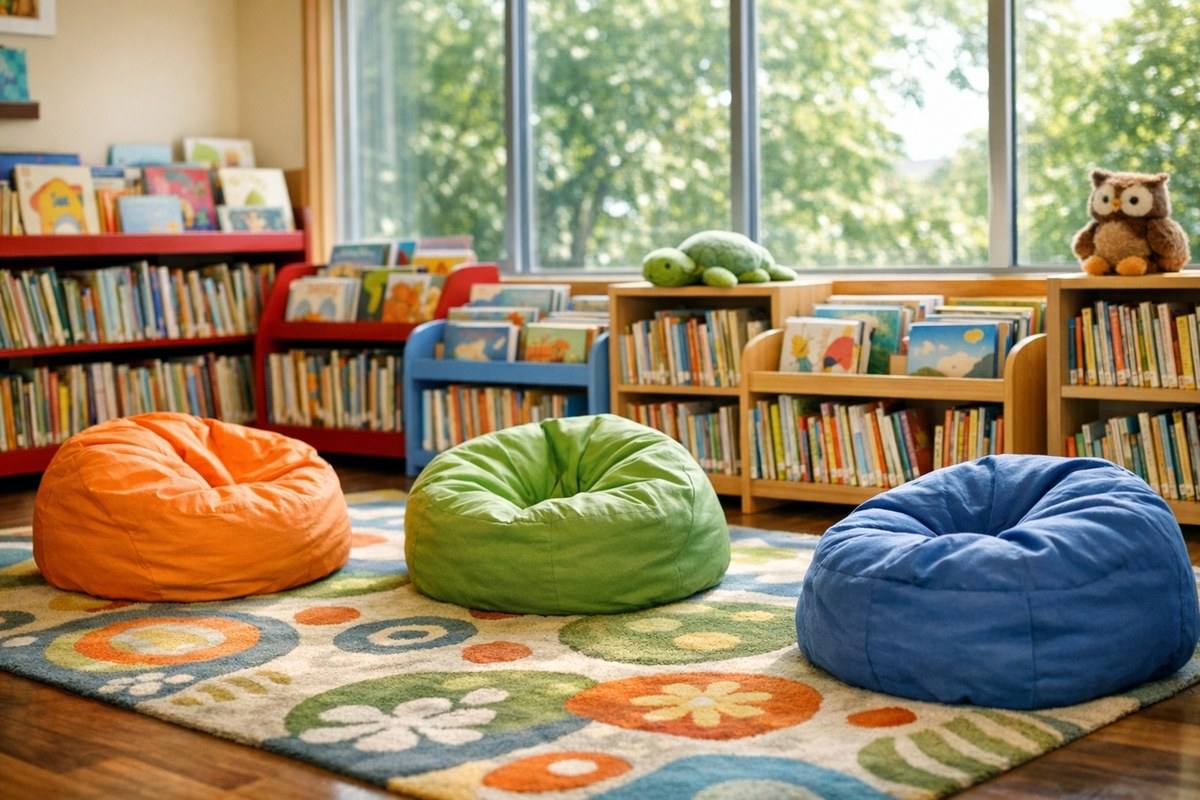 Quiet library study area with wooden tables and comfortable reading spaces