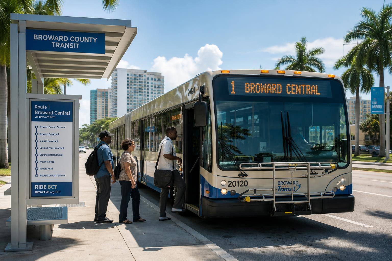 Representative modern city bus at an urban transit stop during daytime with clear sky