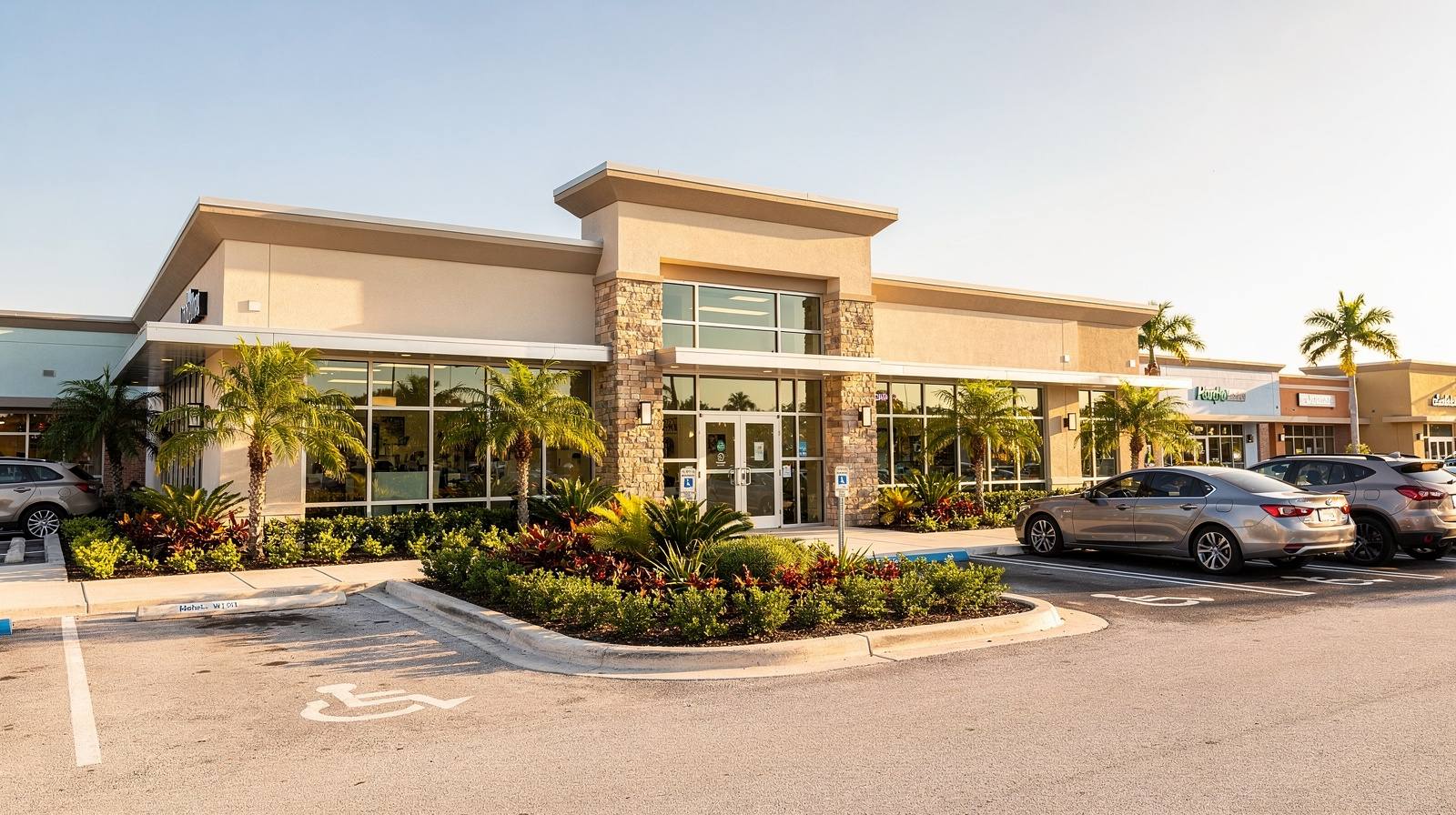 Representative exterior of a veterinary hospital in a shopping center with neutral tones and manicured front garden