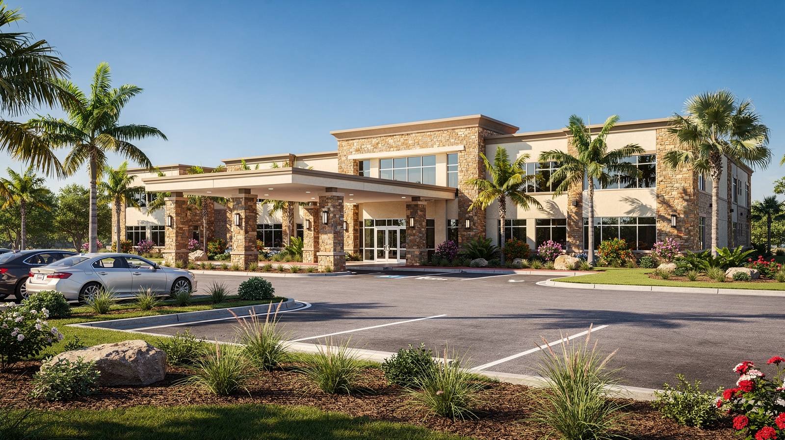 Representative exterior of a highly-rated veterinary hospital with professional medical building and covered patient drop-off