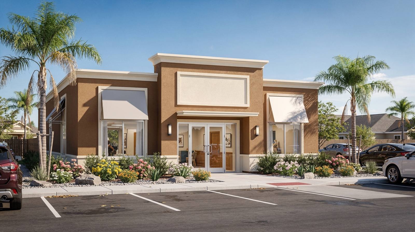 Representative exterior of a friendly neighborhood animal clinic with welcoming entrance and warm earth tones