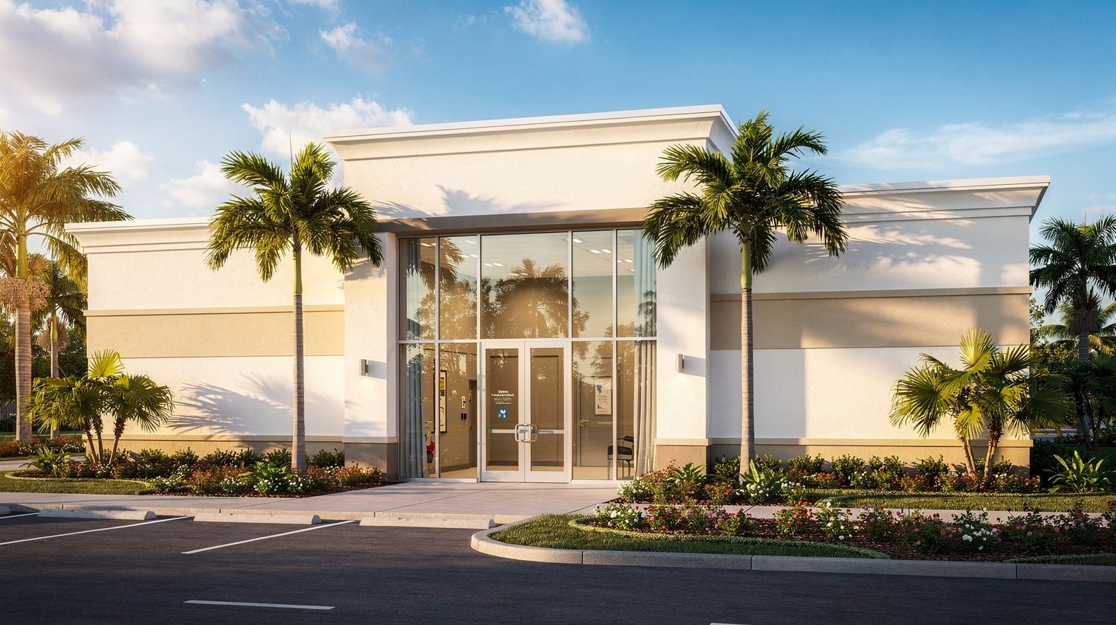 Representative exterior of a modern veterinary clinic building with landscaped entrance, South Florida setting