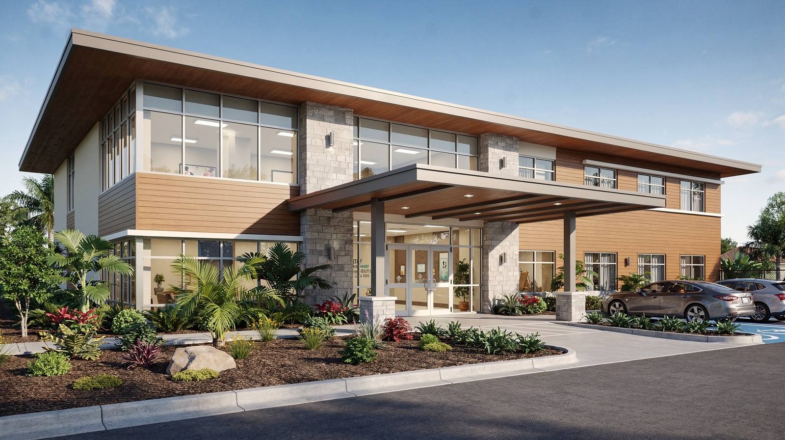 Representative exterior of a contemporary veterinary hospital with modern glass windows and tropical landscaping