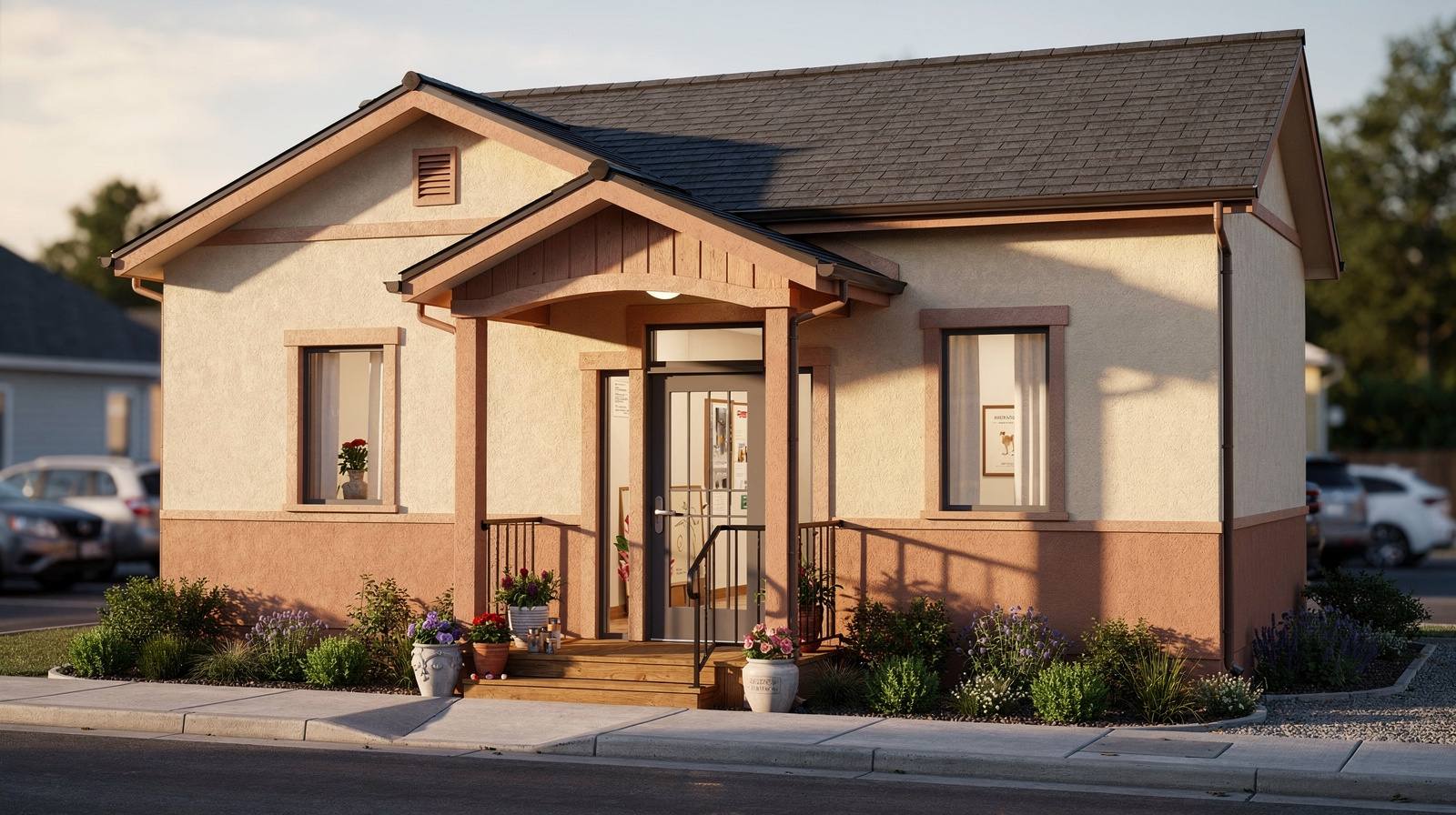 Representative exterior of a small family-owned veterinary practice with charming entrance and residential setting