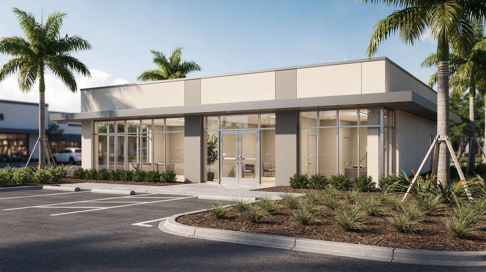 Representative exterior of a modern pet care facility with clean contemporary design and tropical landscaping