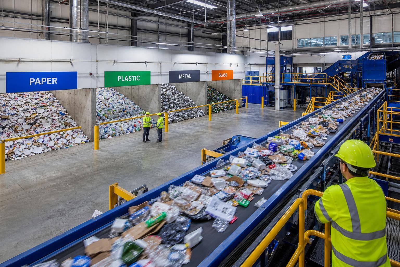 Representative recycling and waste processing facility exterior with organized sorting lanes under clear sky