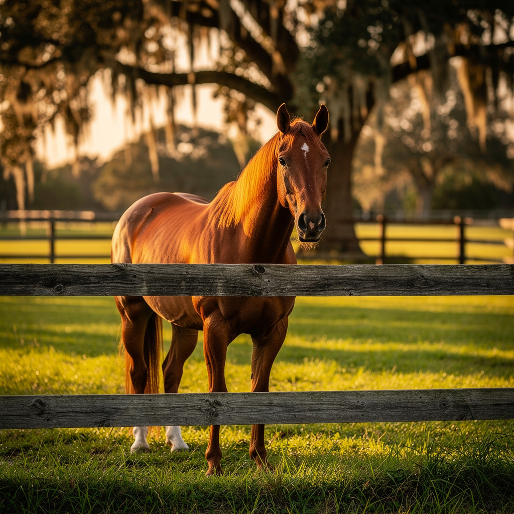 Calm chestnut horse standing behind a wooden rail fence in a South Florida pasture — gentle expression, warm golden-hour light, oak trees with Spanish moss in background