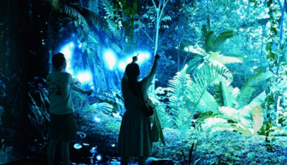 BIOLUMINAL immersive exhibition at MAD Arts, Dania Beach — visitors silhouetted before a glowing bioluminescent digital jungle installation by Francisca Oyhanarte.
