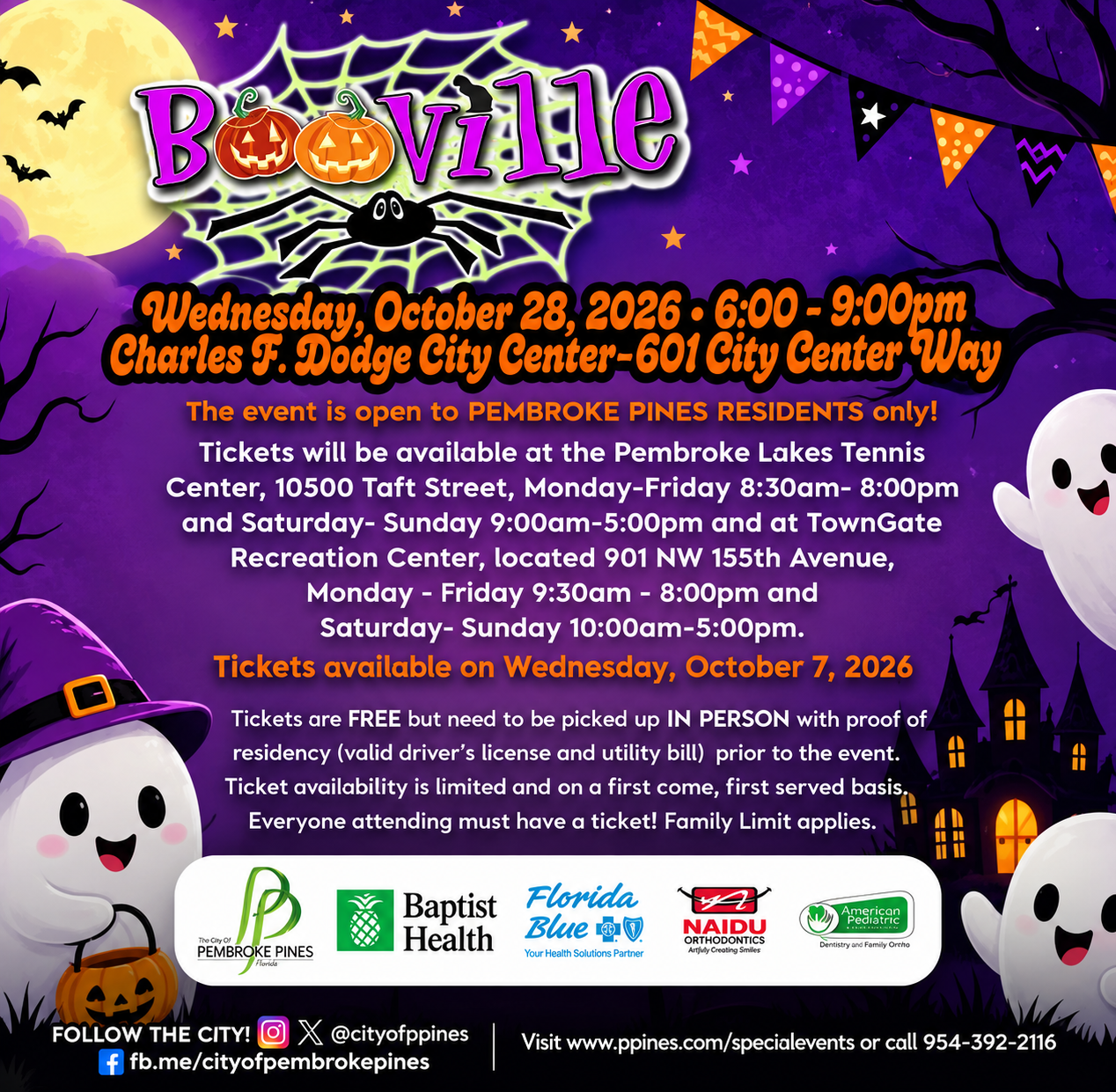 BooVille 2026 official event card for the Pembroke Pines Halloween celebration at Charles F. Dodge City Center on Wednesday, October 28, 2026