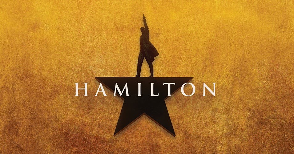 Official HAMILTON 2026 national tour promotional artwork published by Broward Center for the Performing Arts — stylized portrait of Alexander Hamilton with the show's logo