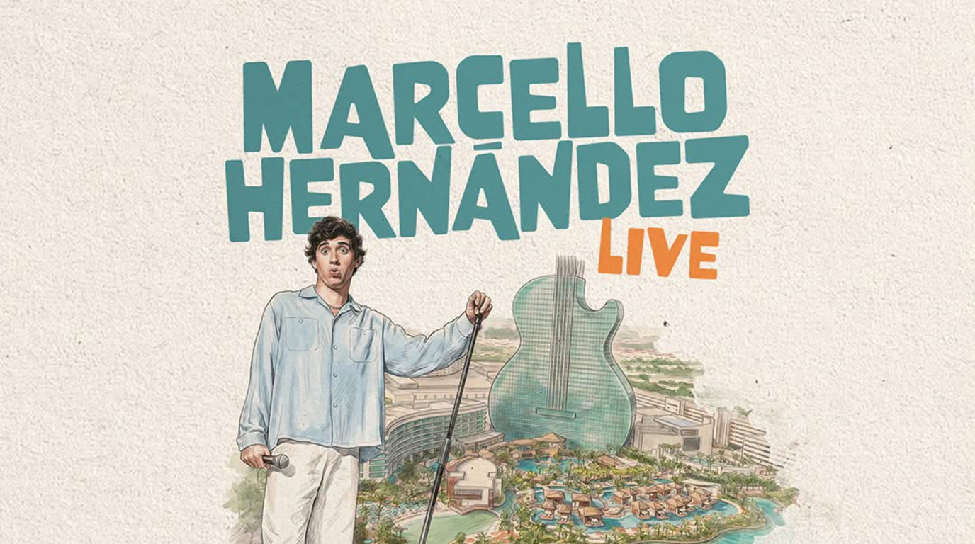 Official Hard Rock Live poster: Marcello Hernandez Live with microphone stand, guitar-shaped Hard Rock Hotel & Casino illustration, November 27-28 dates