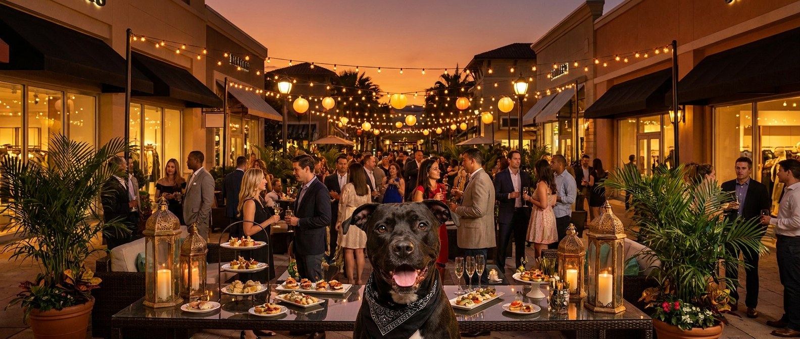 Yappy Hour — Pooches in Pines fundraising event flyer featuring a happy black-and-white dog, hosted at Village Tavern, The Shops at Pembroke Gardens, September 10, 2026