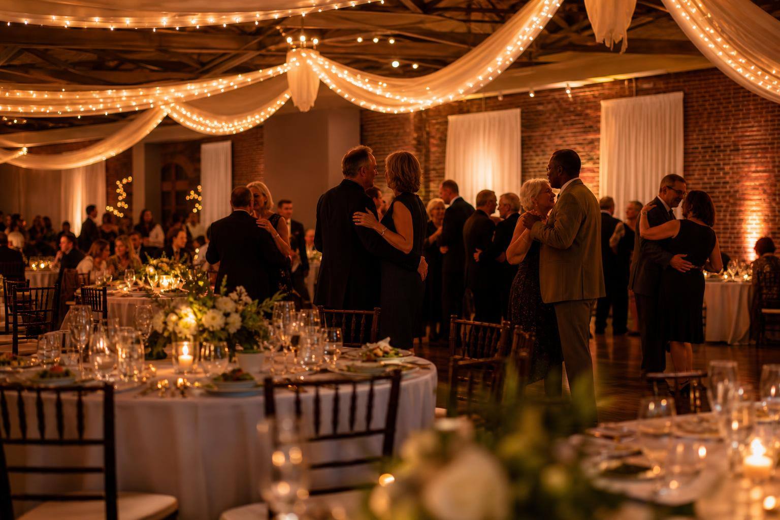 SWFP dinner dance Pembroke Pines — elegant banquet hall with round tables, warm string lights, couples dancing, and community celebration