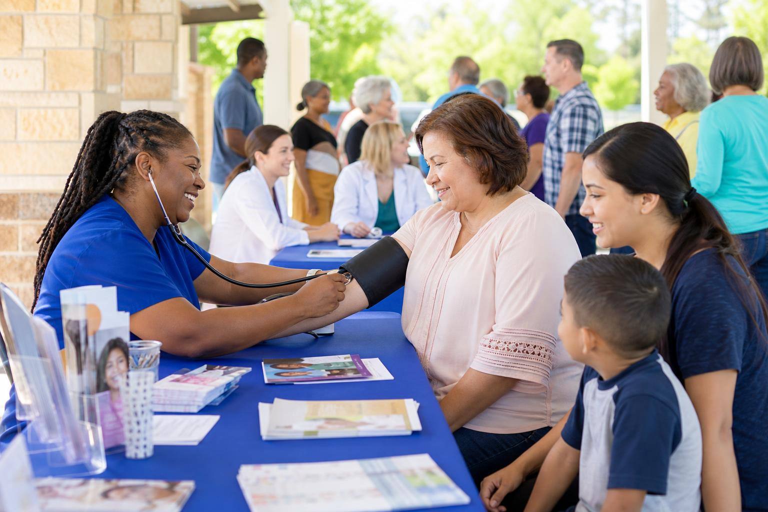 SWFP Annual Health Fair Pembroke Pines — outdoor community pavilion with health screening stations, wellness information booths, healthcare professionals, and families